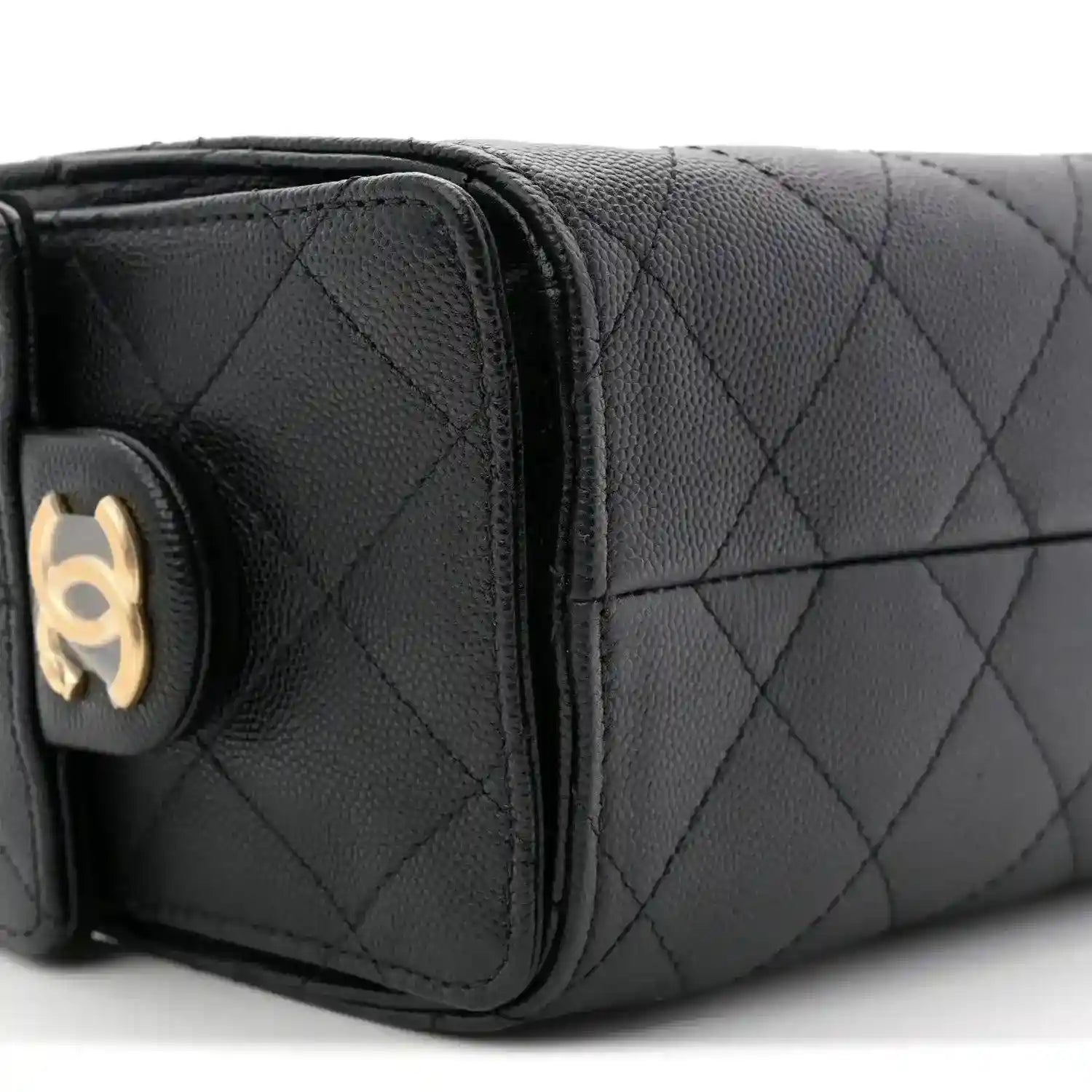 Black quilted mini handbag with side pocket and CC emblem hardware