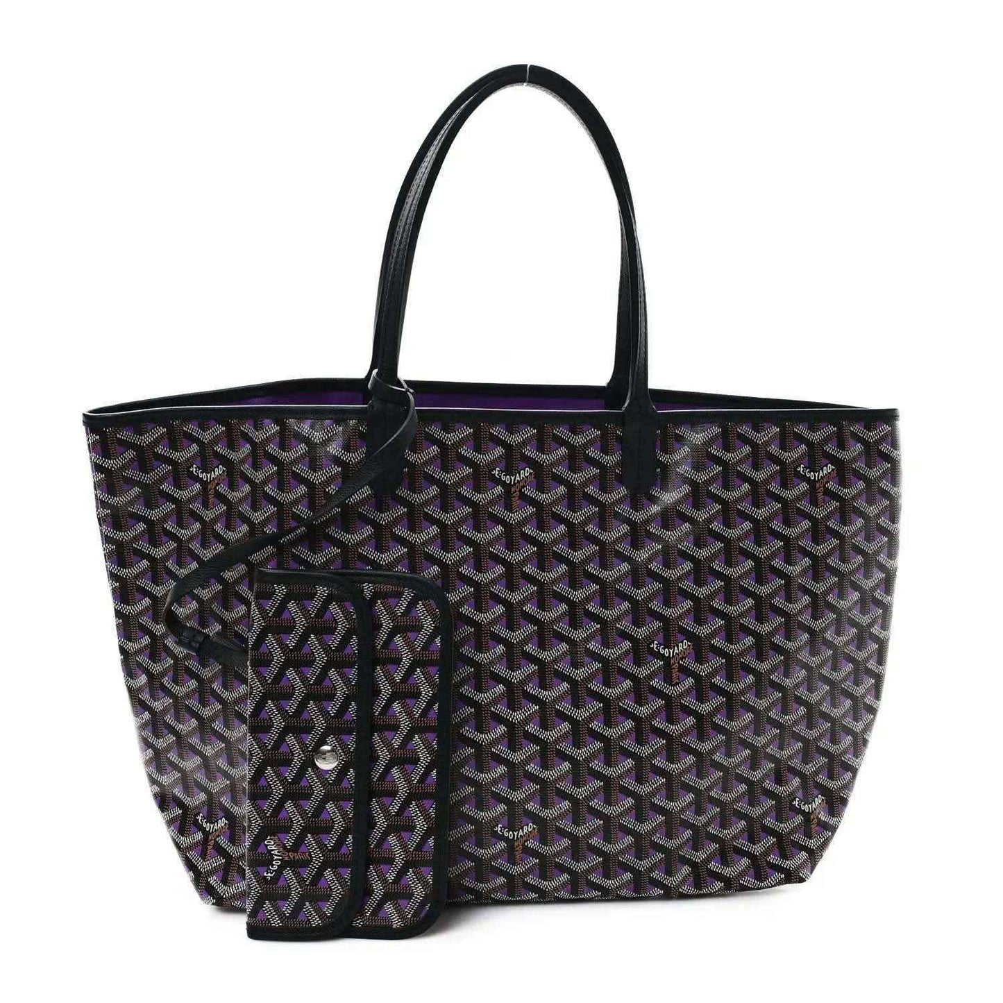 Tote bag with monogram pattern and purple trim, black exterior, front pocket with zipper