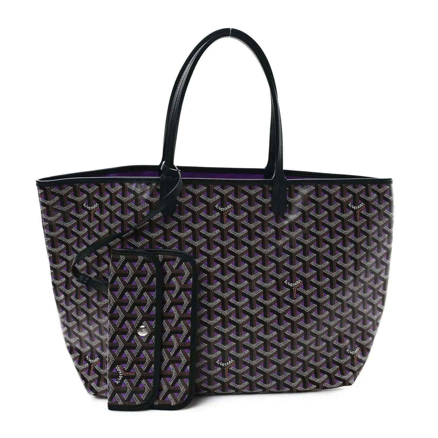 Tote bag with monogram pattern and purple trim, black exterior, front pocket with zipper