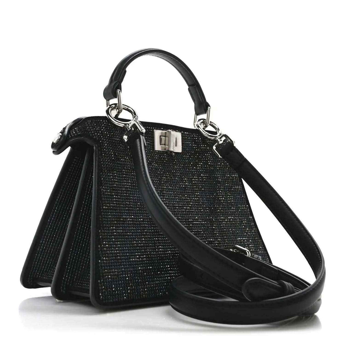 Black crystal satchel with silver-tone clasp and leather shoulder strap