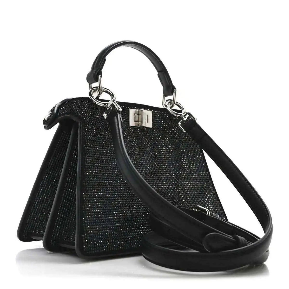 Black crystal satchel with silver-tone clasp and leather shoulder strap