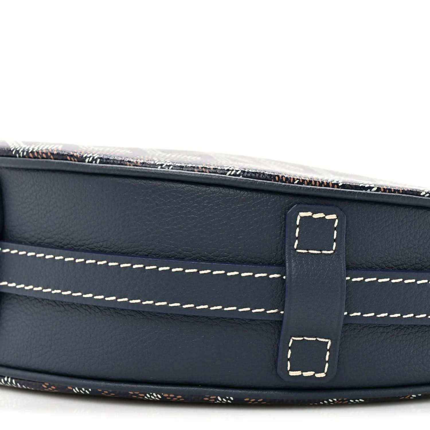 Navy leather strap mount with contrast stitching and rectangular buckle detail