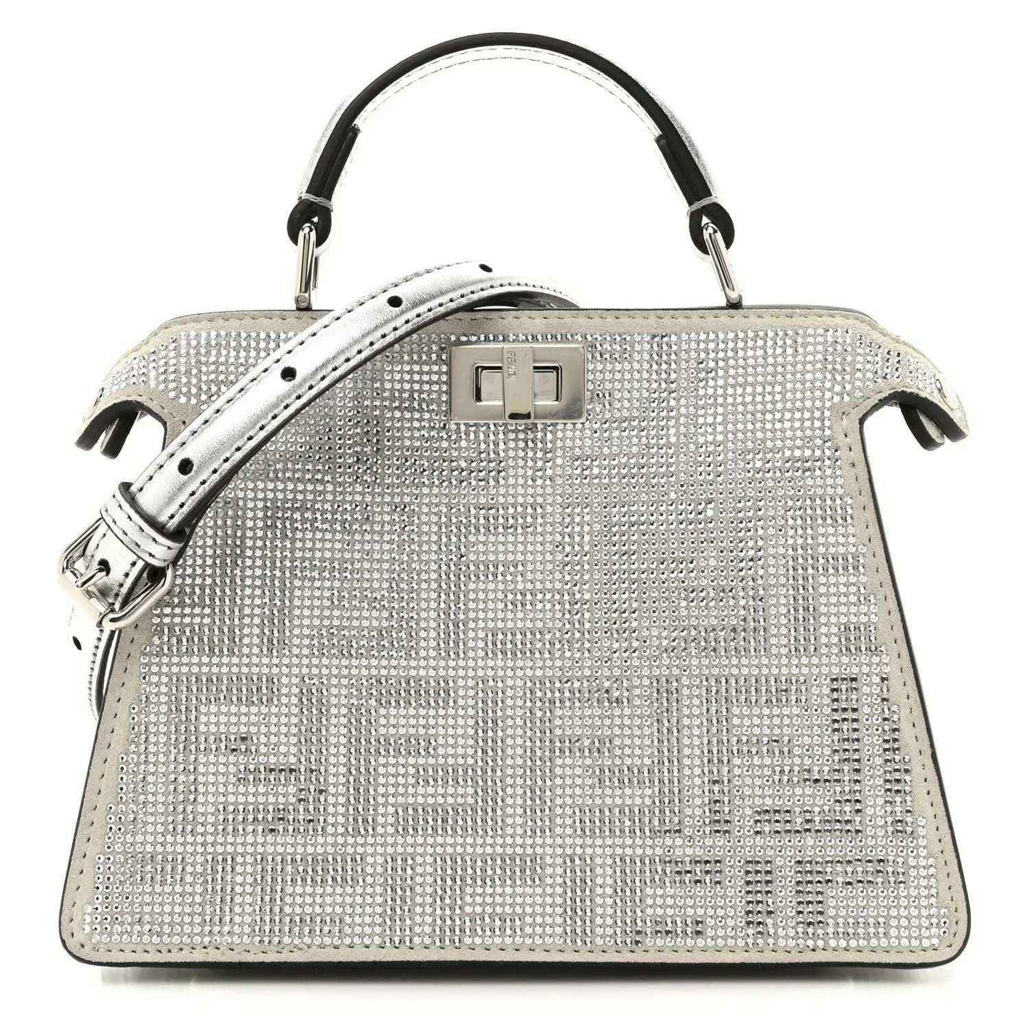 Silver crystal satchel with top handles, flap lock, and black leather trim