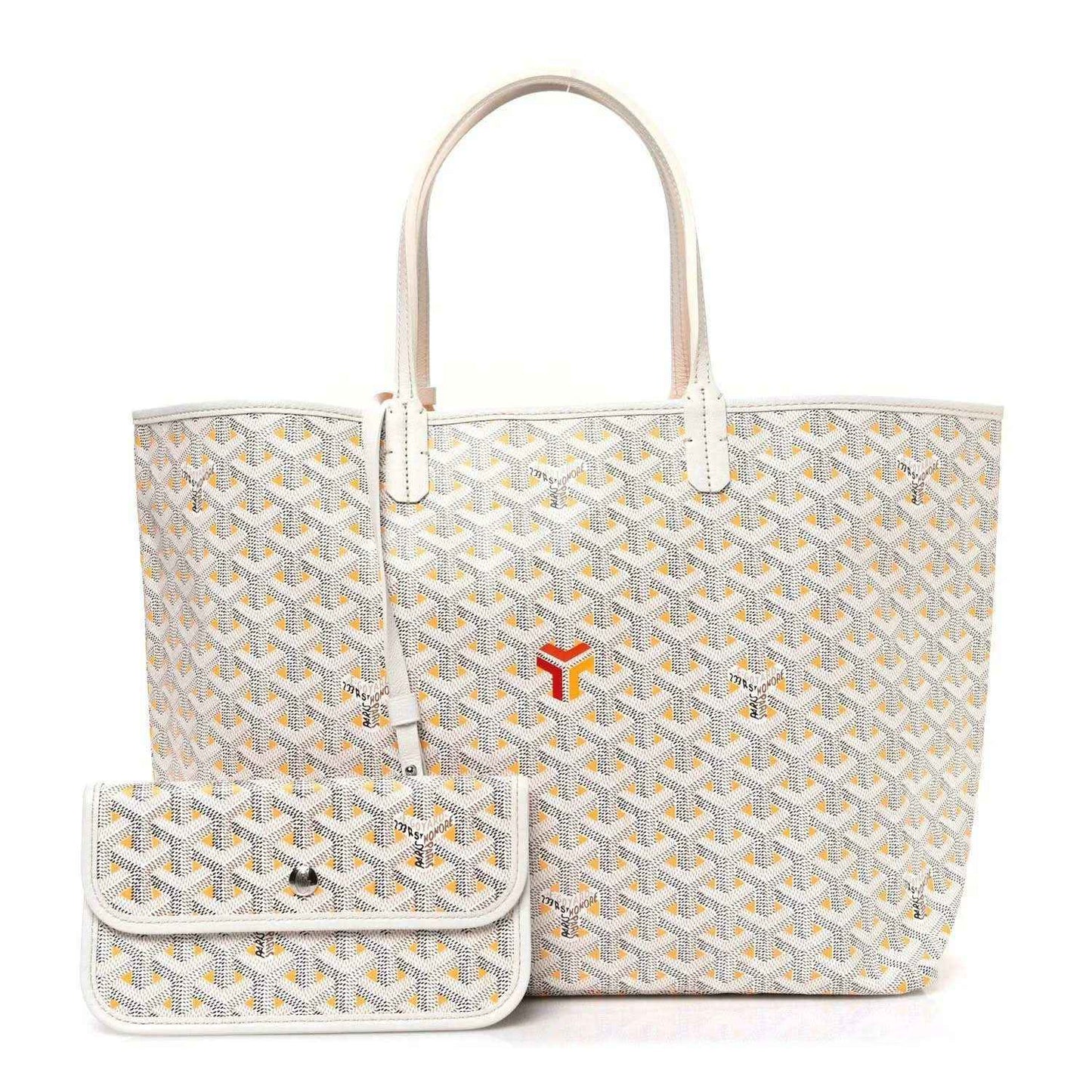 White tote bag with yellow Goyardine pattern and matching small pouch with clasp