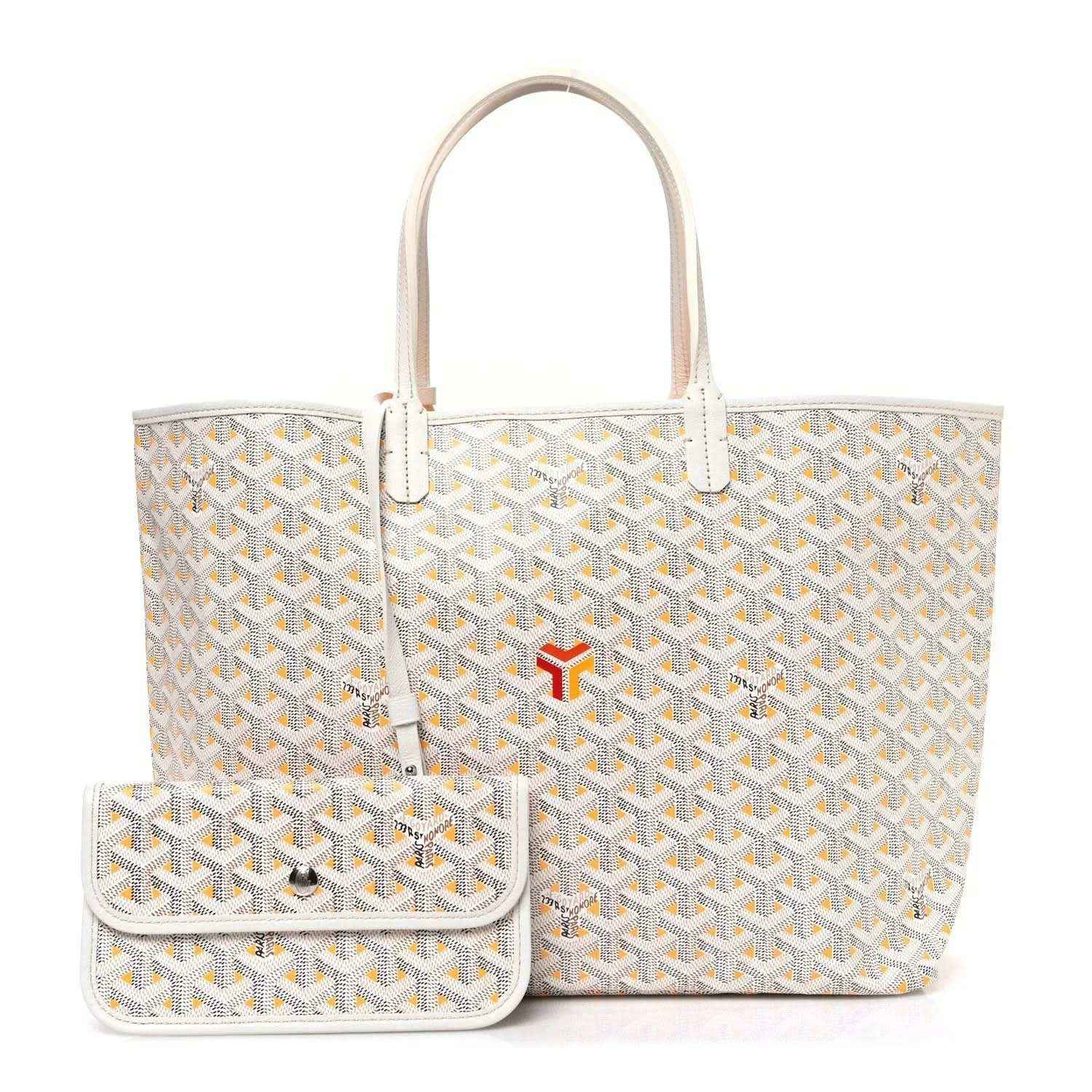 White tote bag with yellow Goyardine pattern and matching small pouch with clasp