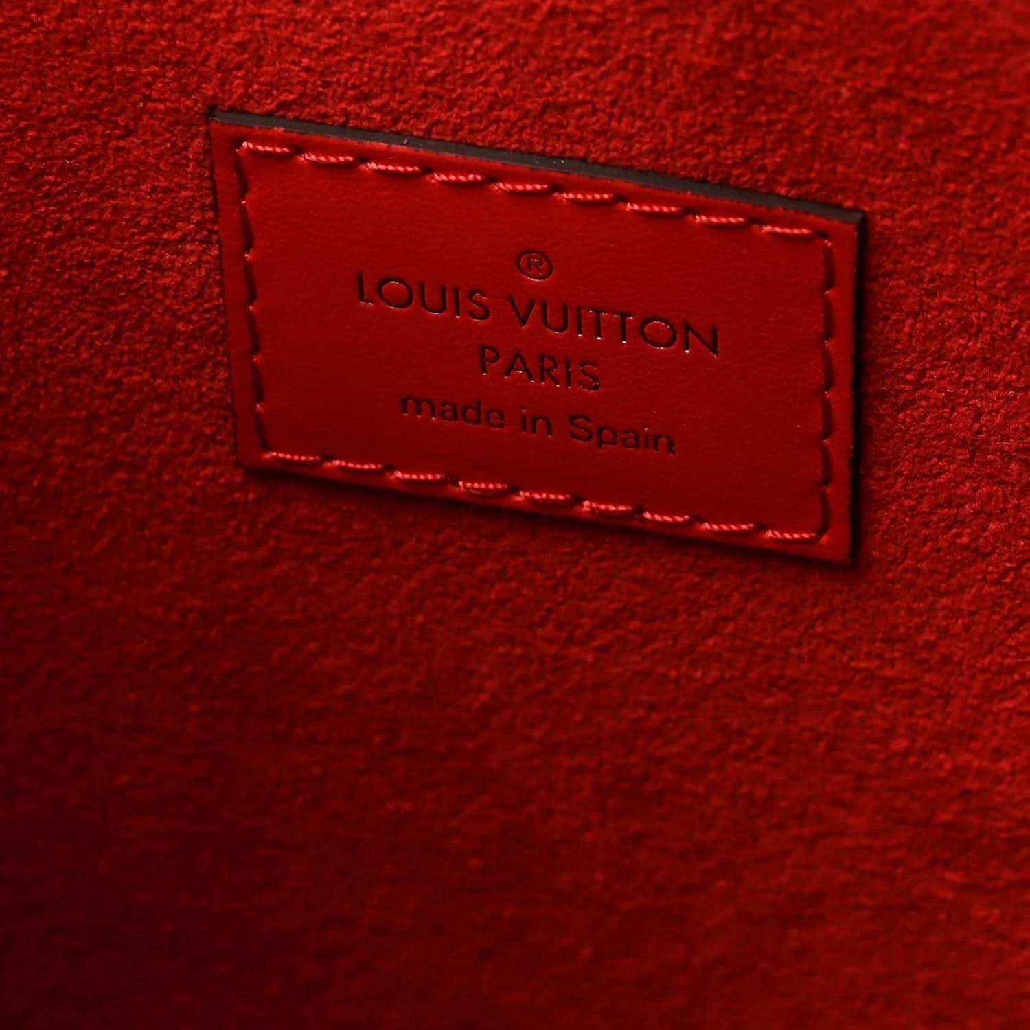 Louis Vuitton Paris made in Spain red leather label on tote bag