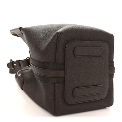 Dark brown grained calfskin small bale bag with front flap and double embossed panels