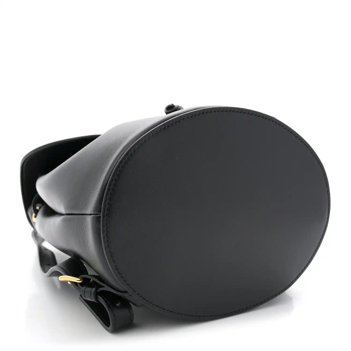 Celine Triomphe calfskin Bonnie backpack side view in black with round base.