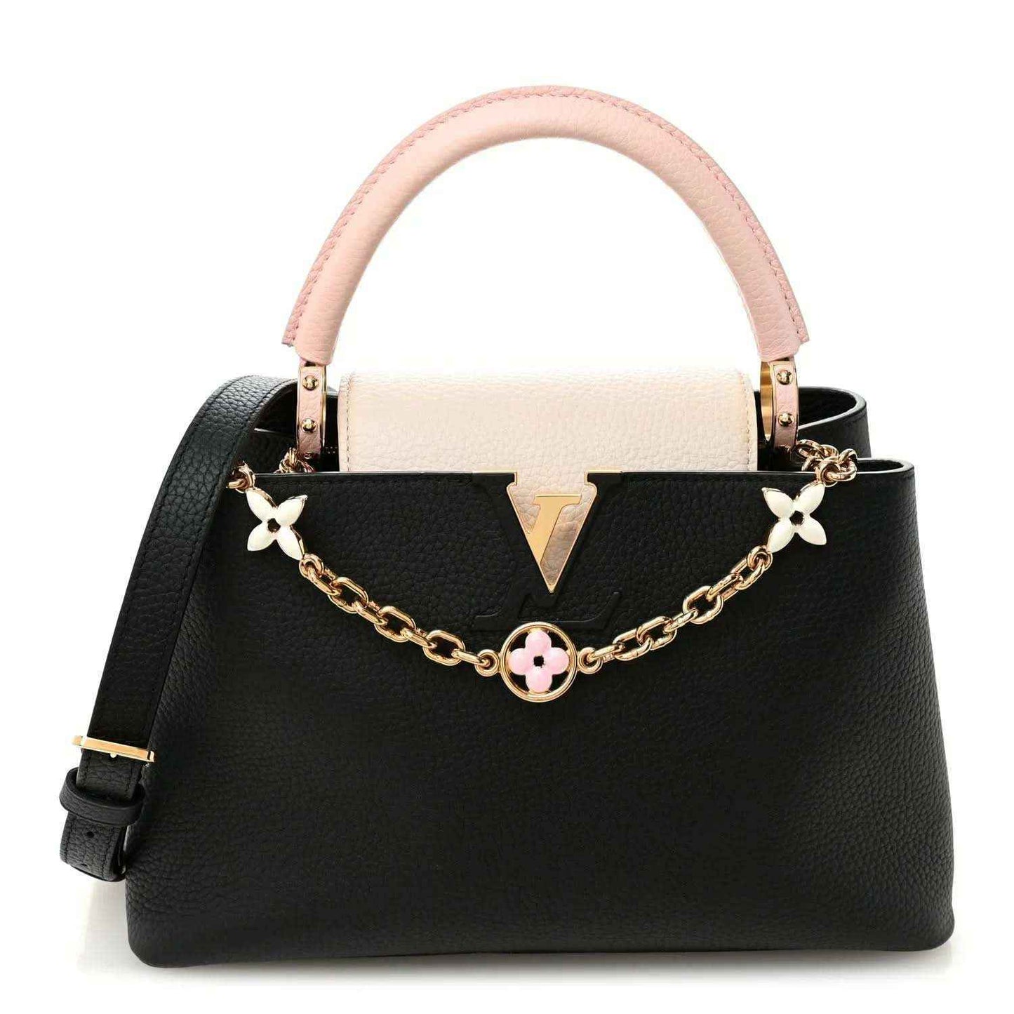 Two-tone leather handbag with pink handle, black body, gold chain and flower charm