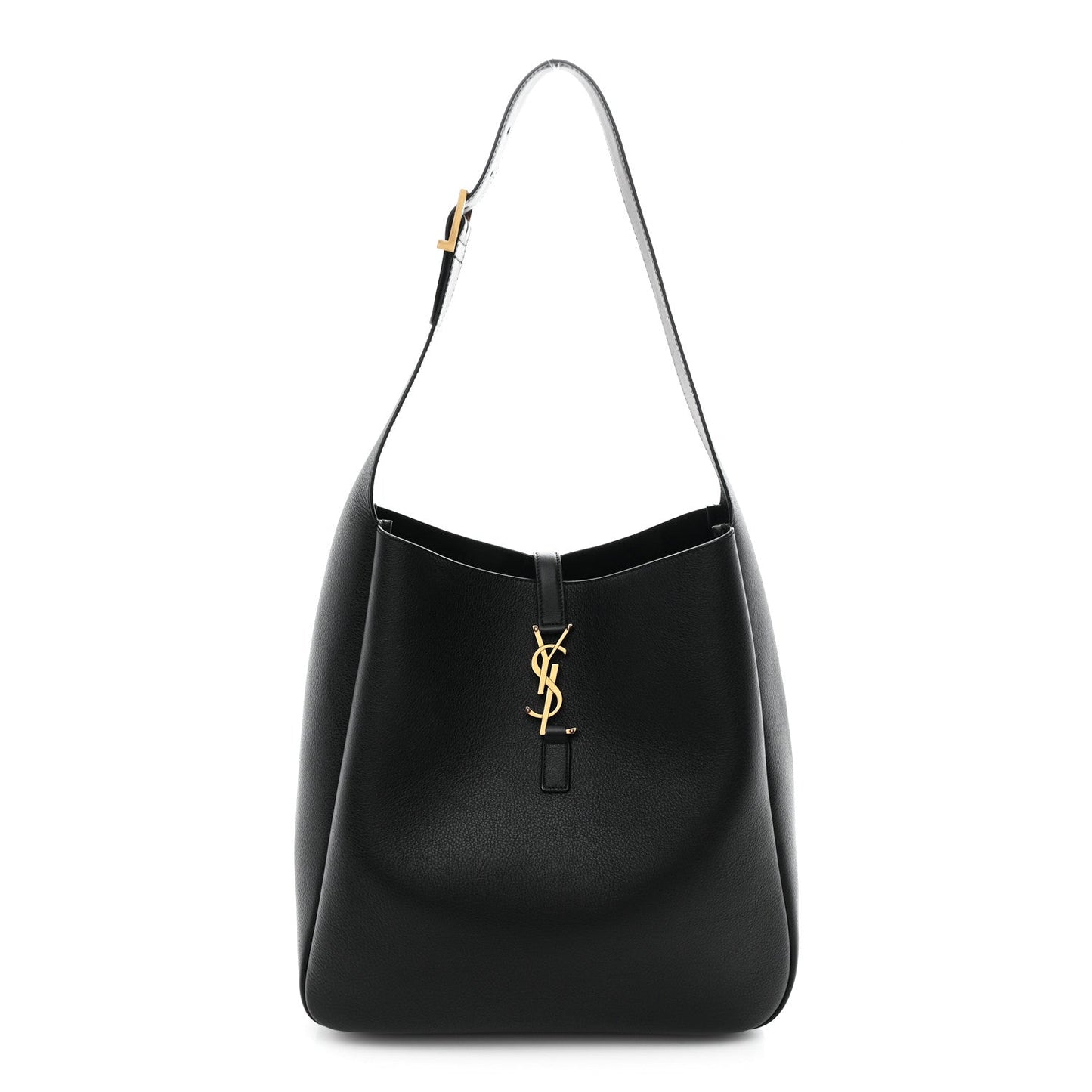 Black leather soft hobo bag with top strap, center YSL logo and gold hardware