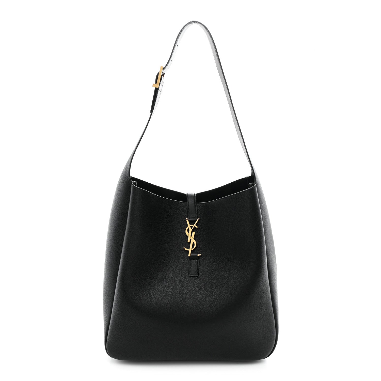 Black leather soft hobo bag with top strap, center YSL logo and gold hardware