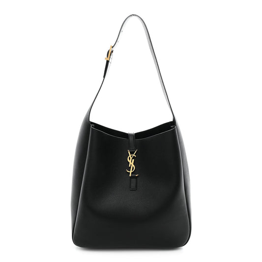 Black leather soft hobo bag with top strap, center YSL logo and gold hardware