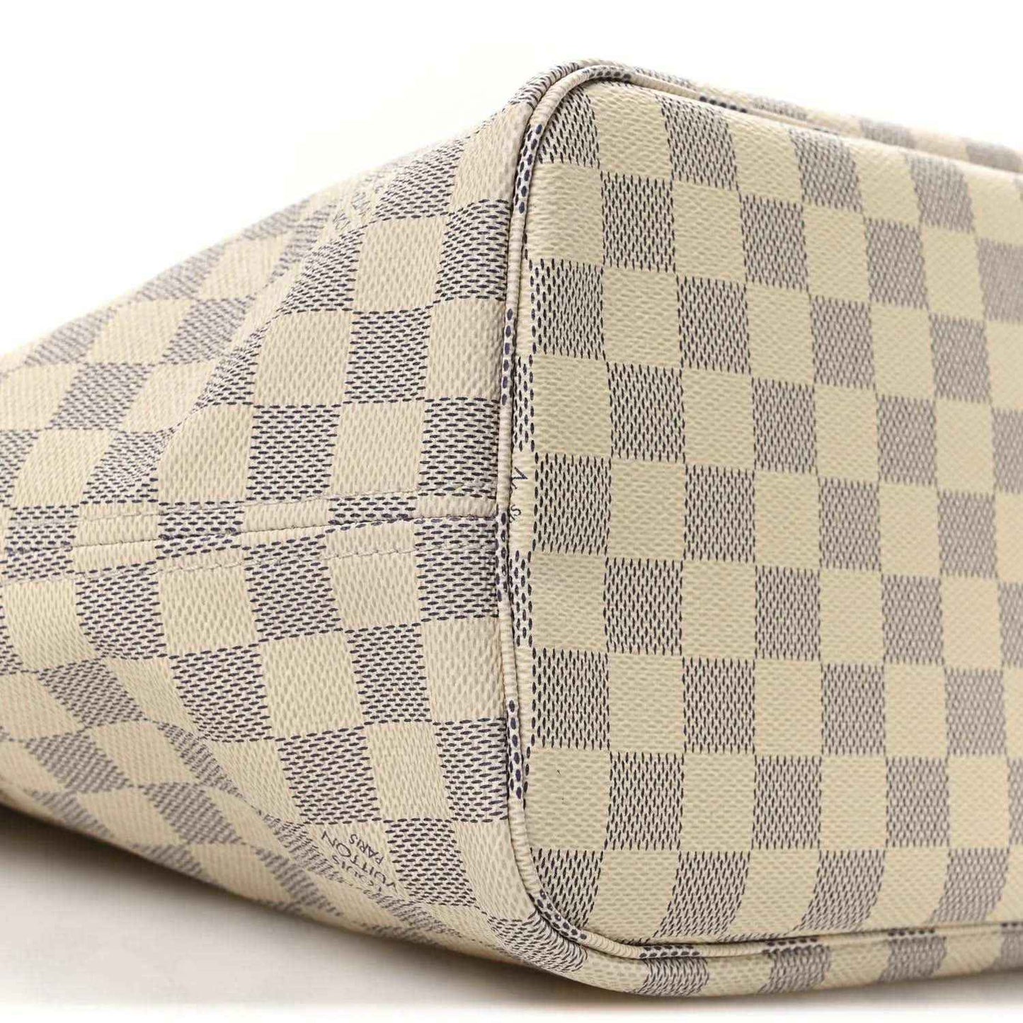 Damier Azur tote bag side with checkered canvas and stitched edge trim