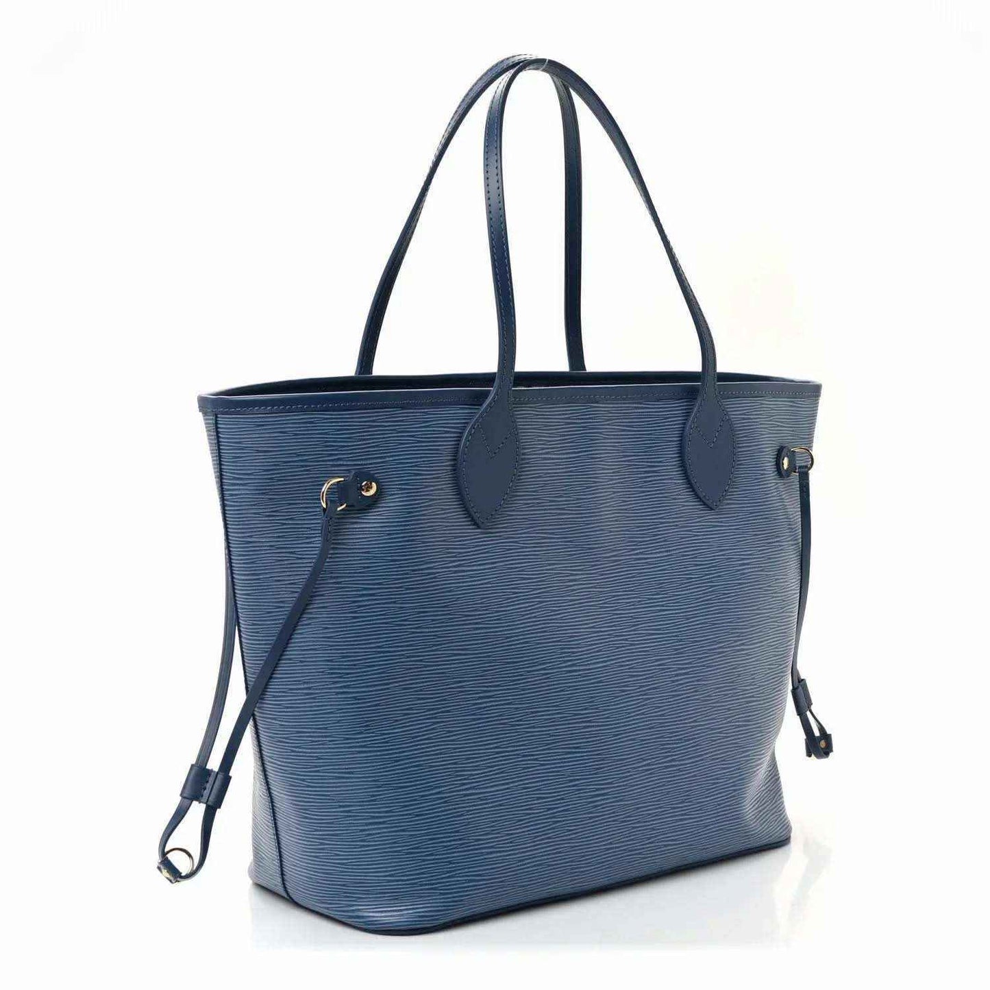Denim blue leather tote bag with side strap, dual top handles, and gold hardware