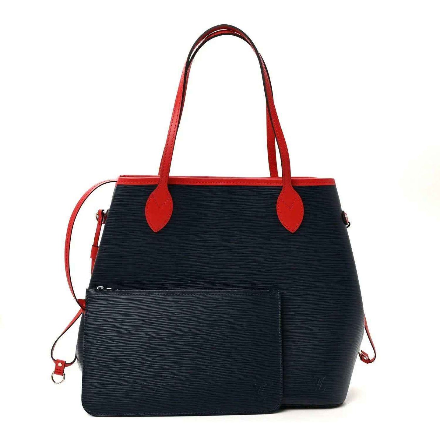 Louis Vuitton Epi Neverfull MM tote bag front with inset pocket and red handle hardware
