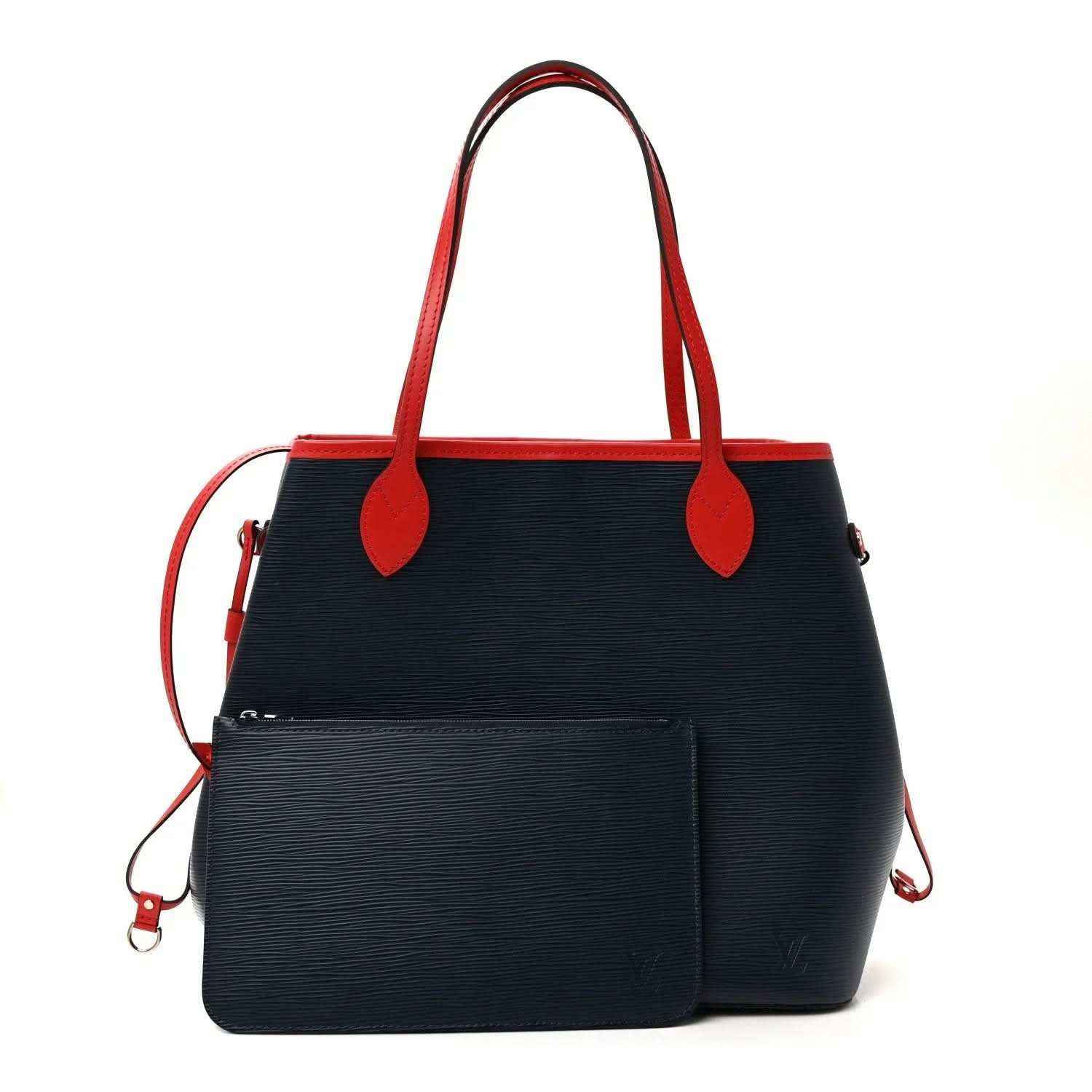 Louis Vuitton Epi Neverfull MM tote bag front with inset pocket and red handle hardware
