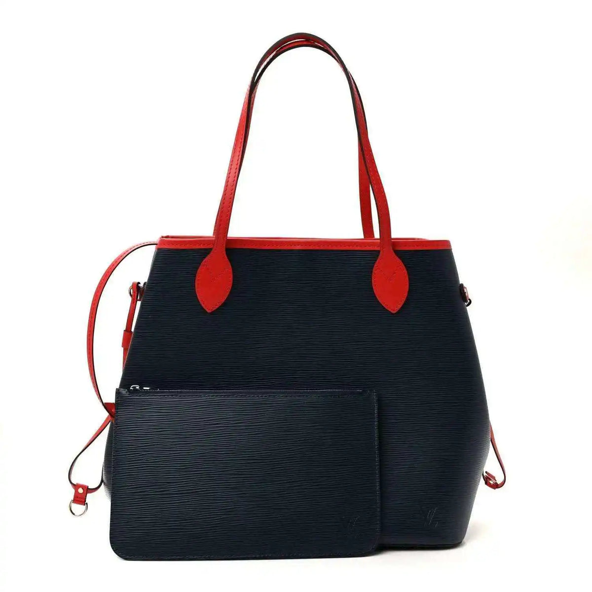 Louis Vuitton Epi Neverfull MM tote bag front with inset pocket and red handle hardware