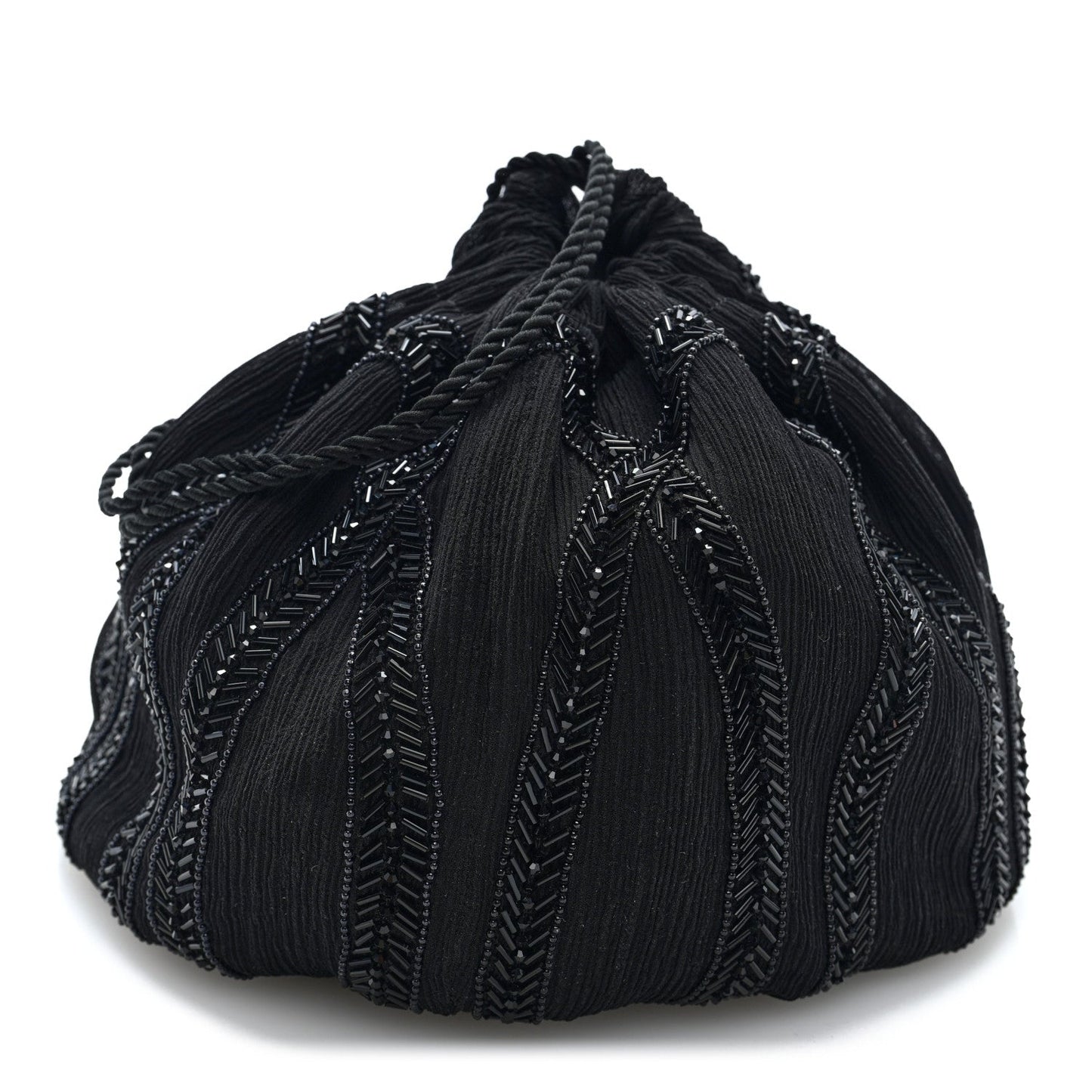 Black beaded chiffon silk crepe drawstring pochon bag with broderie detailing