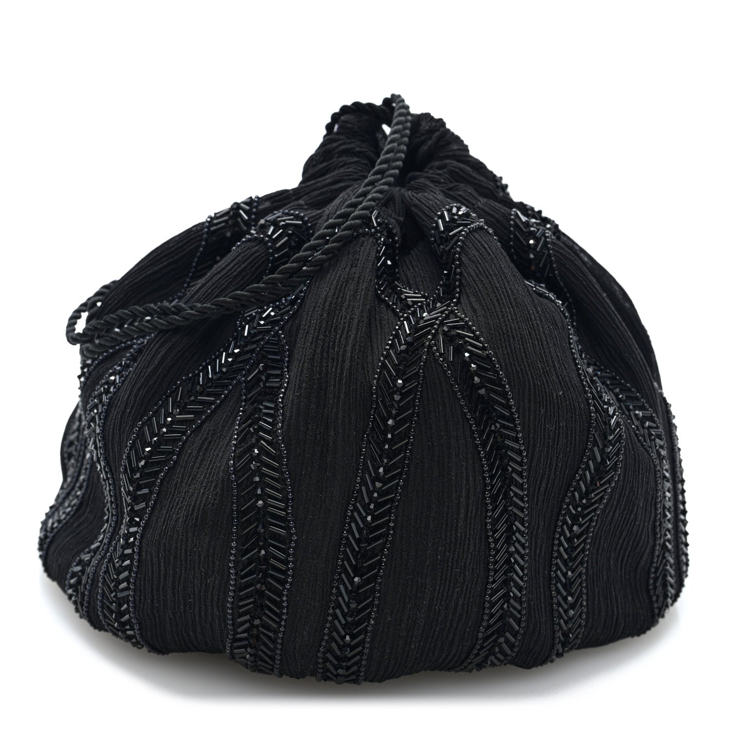 Black beaded chiffon silk crepe drawstring pochon bag with broderie detailing