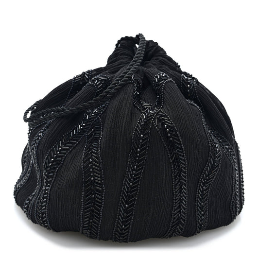 Black beaded chiffon silk crepe drawstring pochon bag with broderie detailing