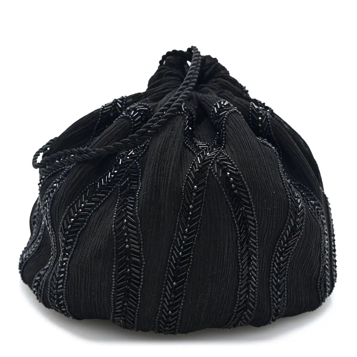 Black beaded chiffon silk crepe drawstring pochon bag with broderie detailing
