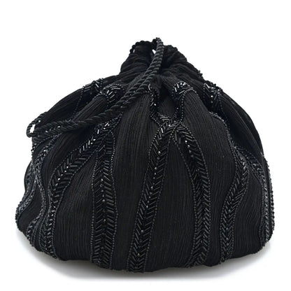 Black beaded chiffon silk crepe drawstring pochon bag with broderie detailing