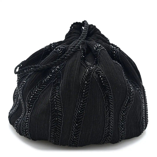 Black beaded chiffon silk crepe drawstring pochon bag with broderie detailing