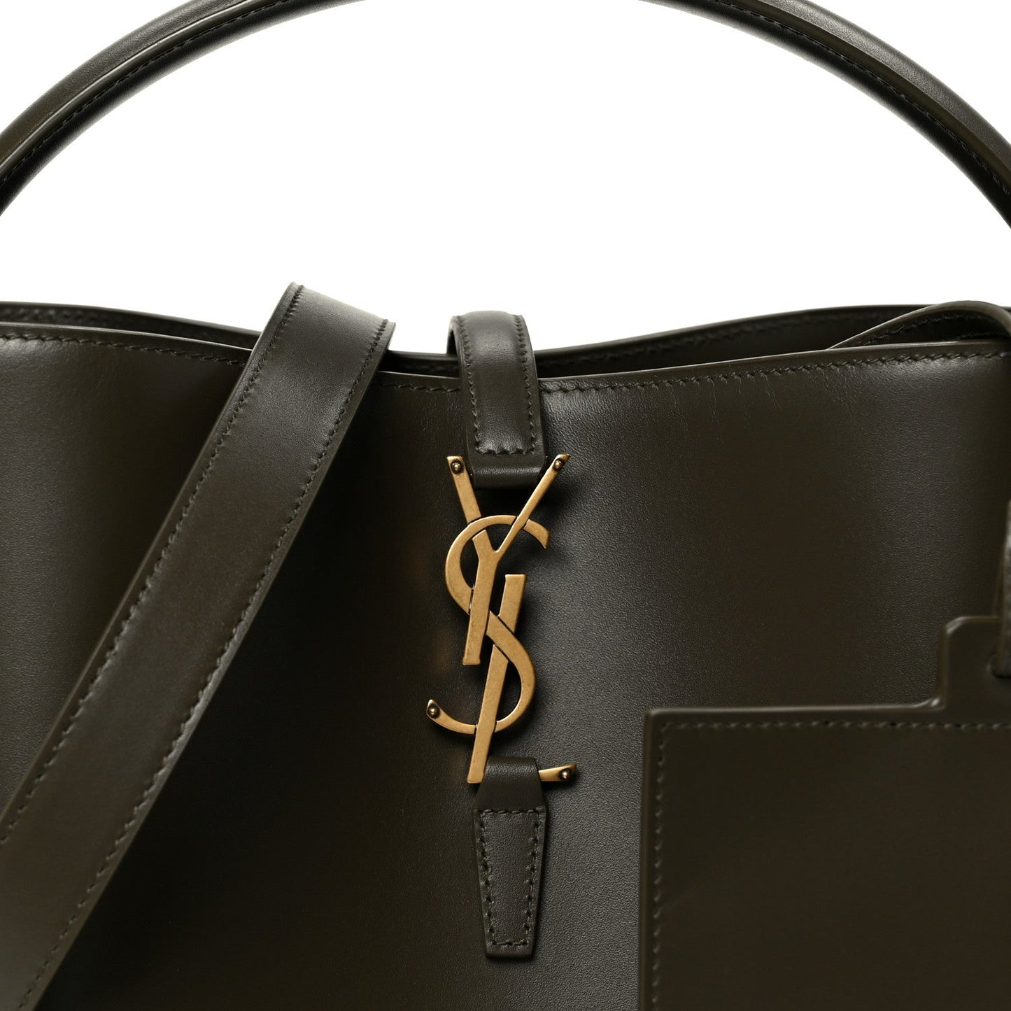 Shiny bucket bag with YSL logo, dark leather front pocket and gold hardware.