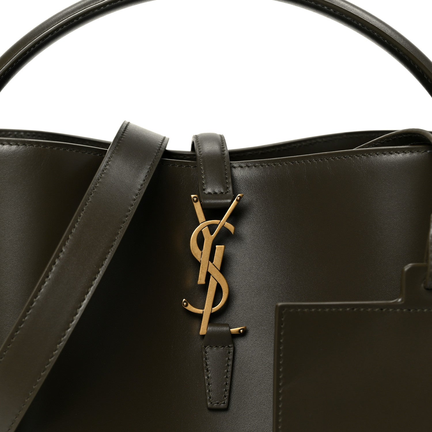 Shiny bucket bag with YSL logo, dark leather front pocket and gold hardware.