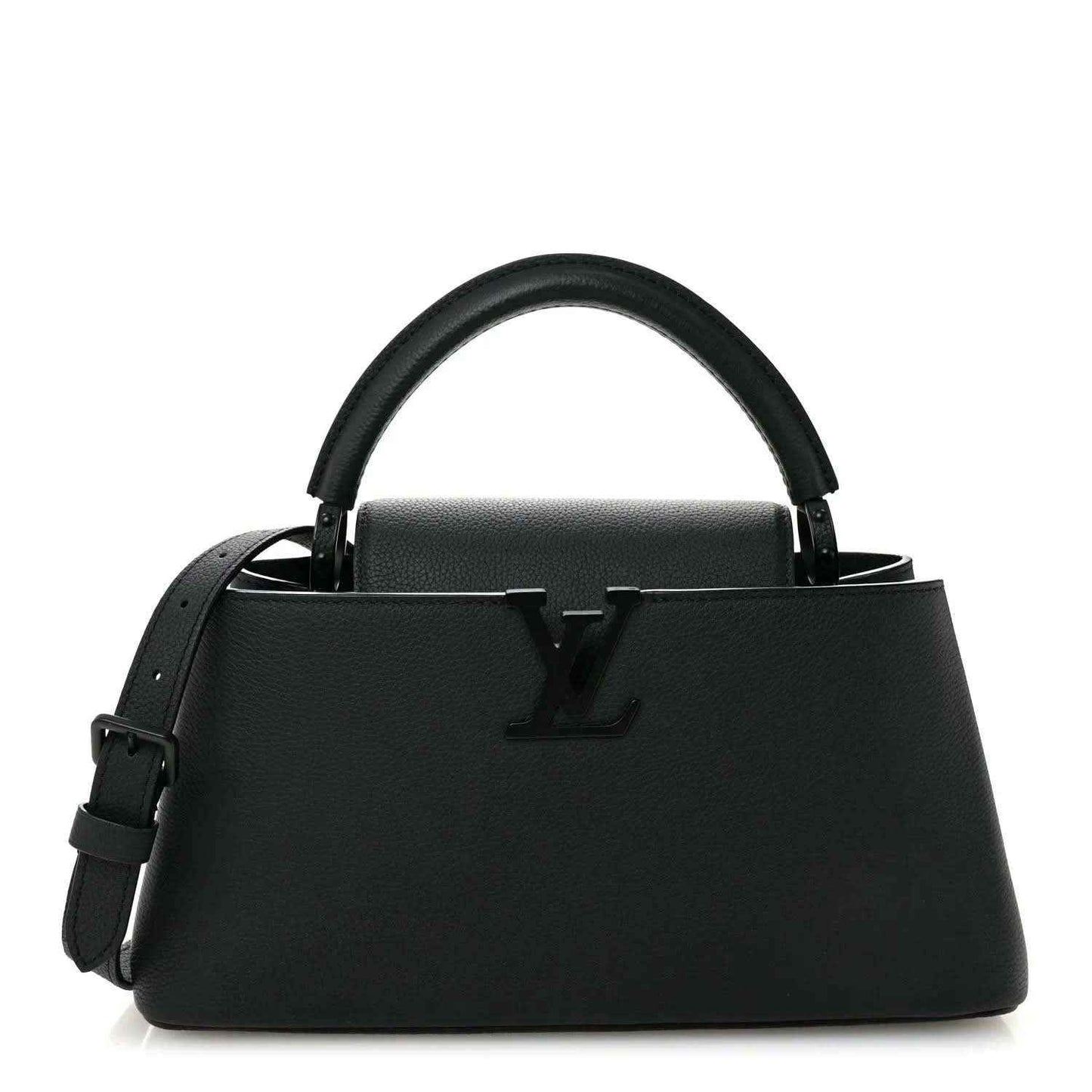 Matte black leather handbag with top handles and LV monogram on front