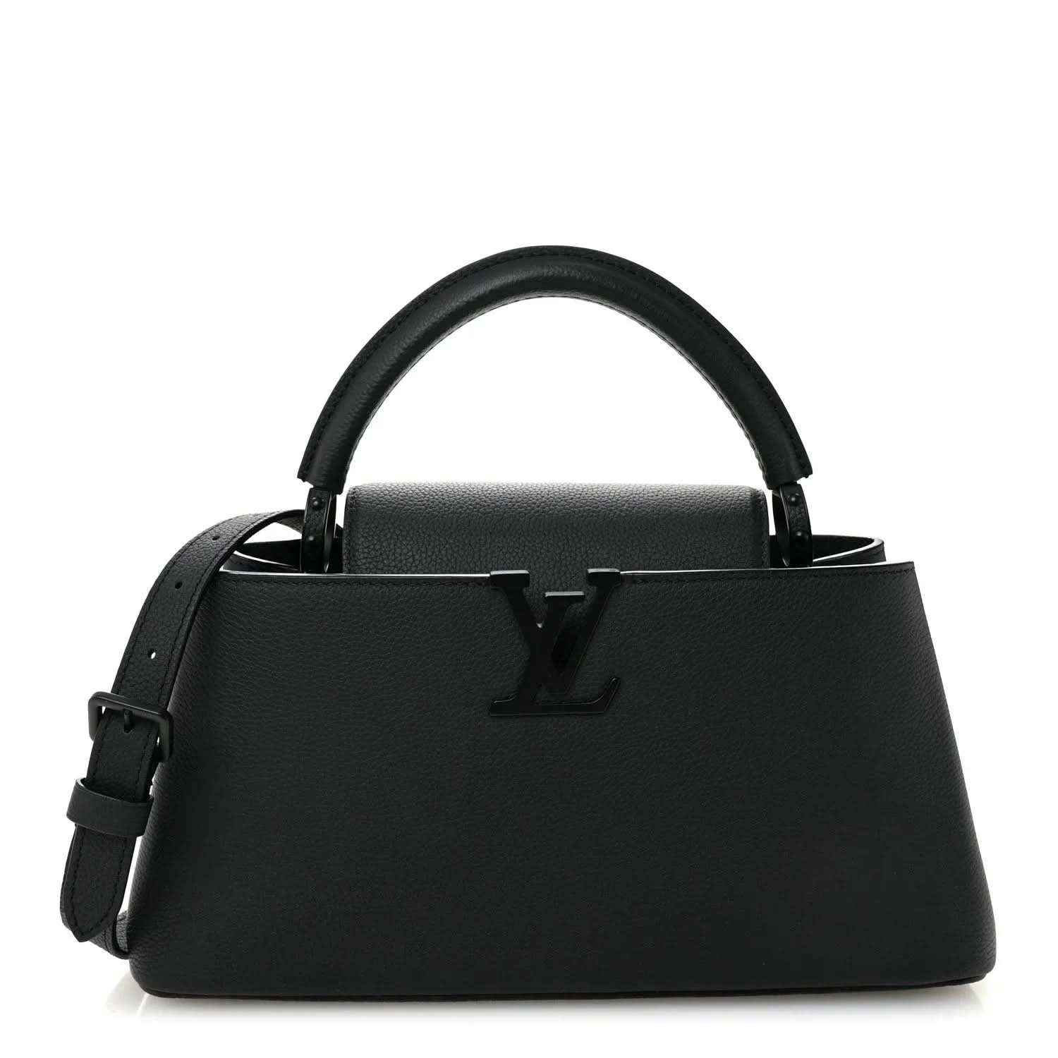Matte black leather handbag with top handles and LV monogram on front