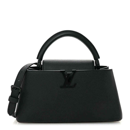 Matte black leather handbag with top handles and LV monogram on front
