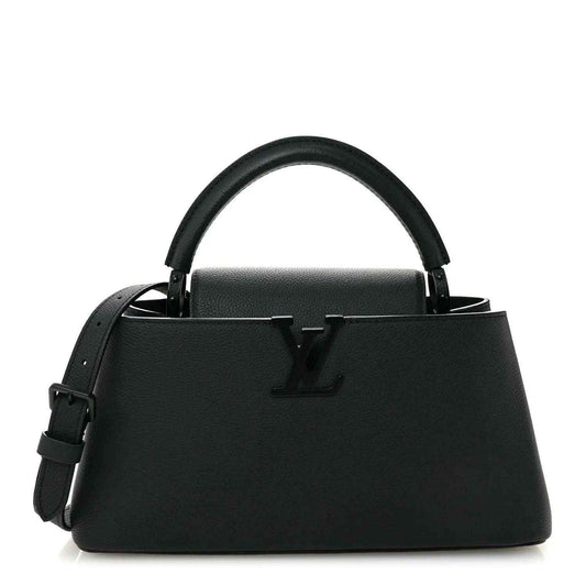 Matte black leather handbag with top handles and LV monogram on front