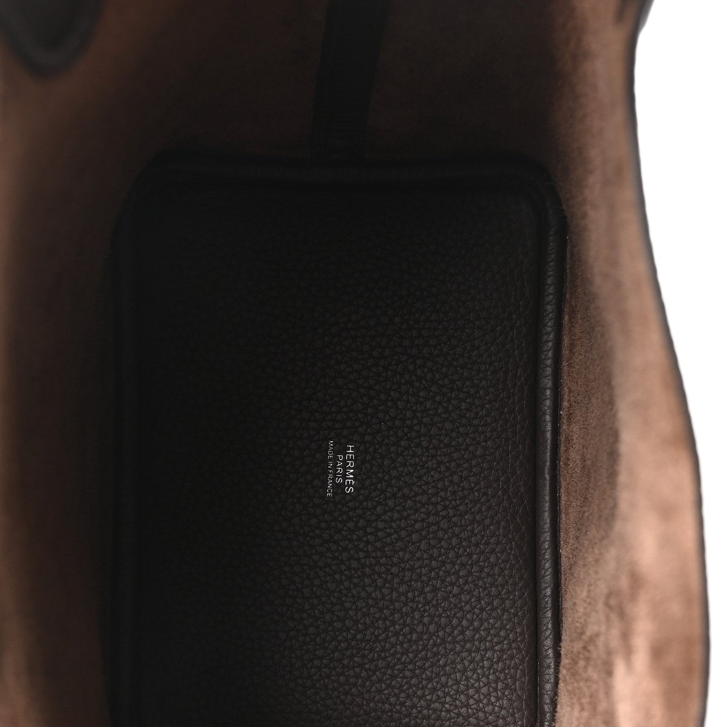 Dark brown leather interior pocket panel detail on tote bag