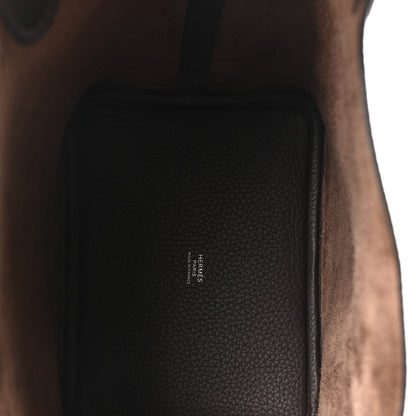 Dark brown leather interior pocket panel detail on tote bag