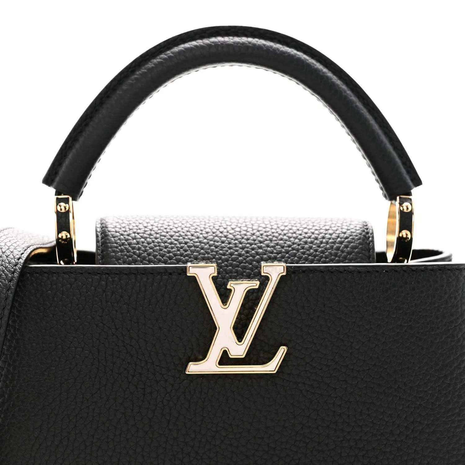 Black leather handbag top handle with LV emblem clasp