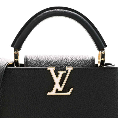 Black leather handbag top handle with LV emblem clasp
