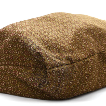 Hobo bag with rounded silhouette and jacquard medallion pattern, brown/olive fabric.