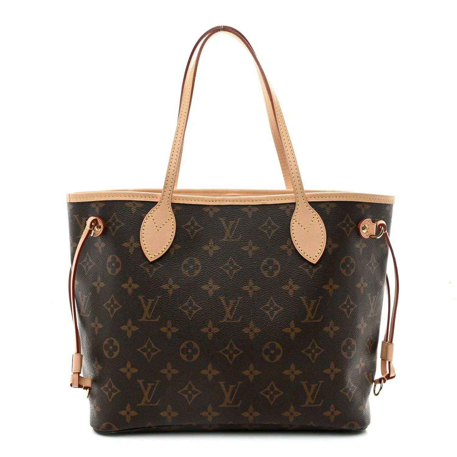 Monogram canvas tote bag with tan leather handles and gold hardware, dark brown front