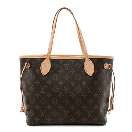 Monogram canvas tote bag with tan leather handles and gold hardware, dark brown front