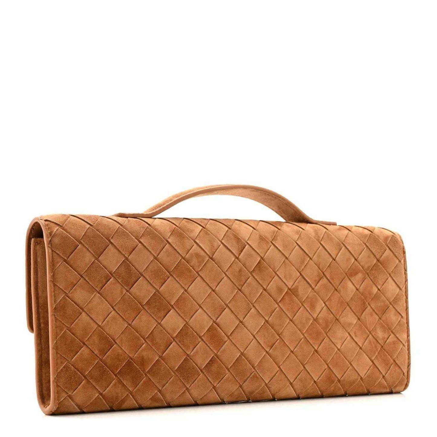 Amber suede long top-handle clutch with intrecciato woven texture and structured flap
