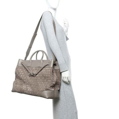 Bottega Veneta suede intrecciato tote bag, limestone, short handles and shoulder strap