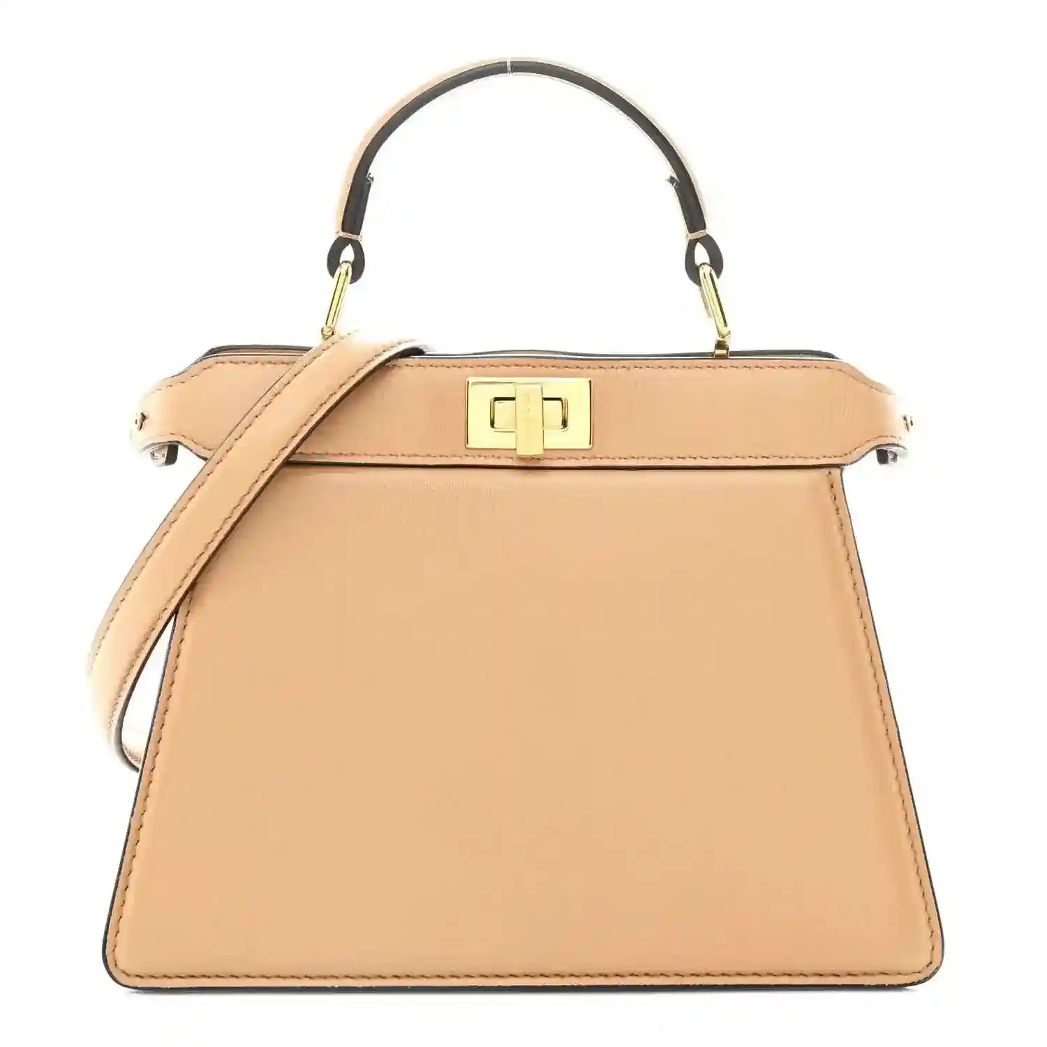 Tan leather satchel front with top handle, gold-tone square clasp, and curved seams
