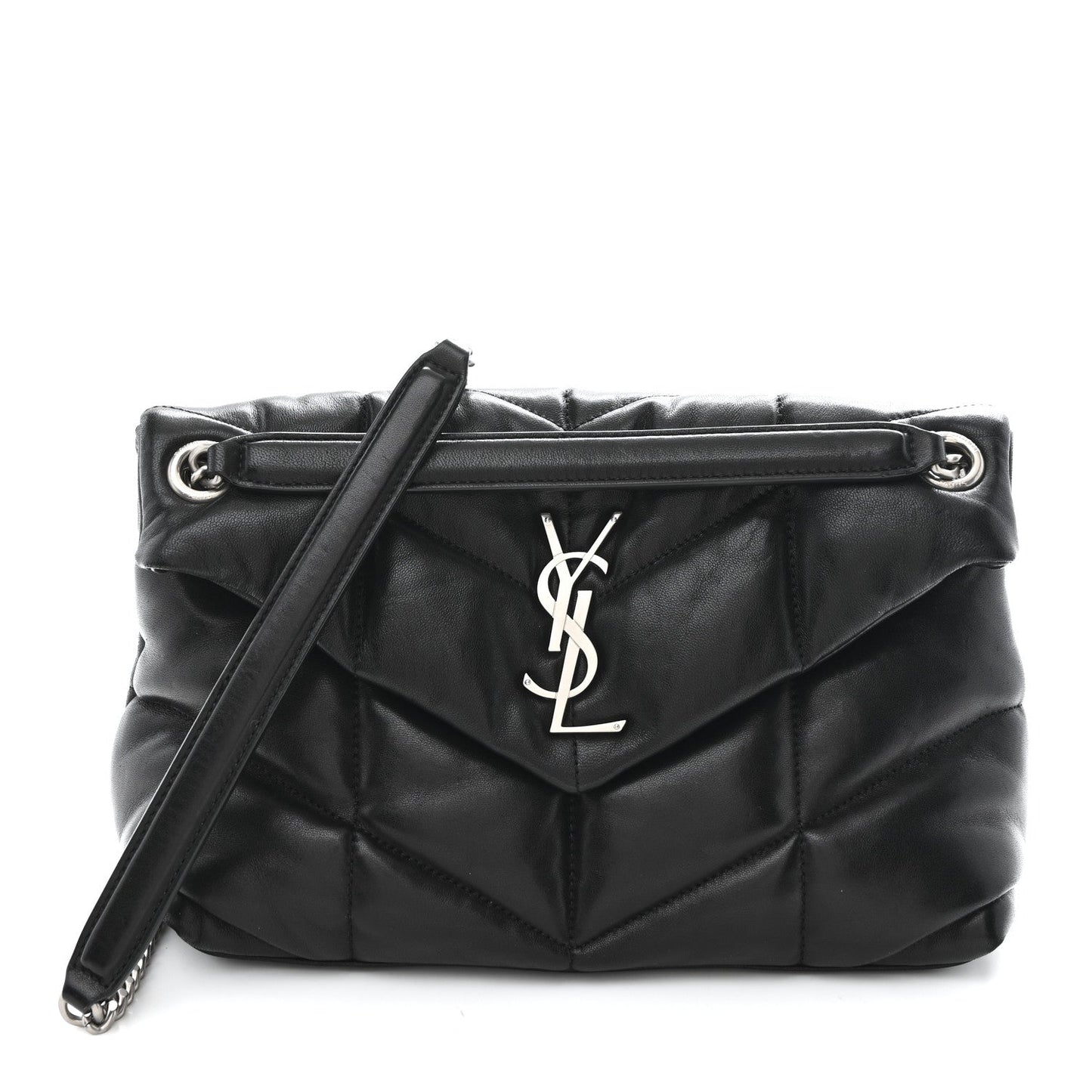 Black quilted lambskin small satchel with front YSL logo, top flap and chain strap.