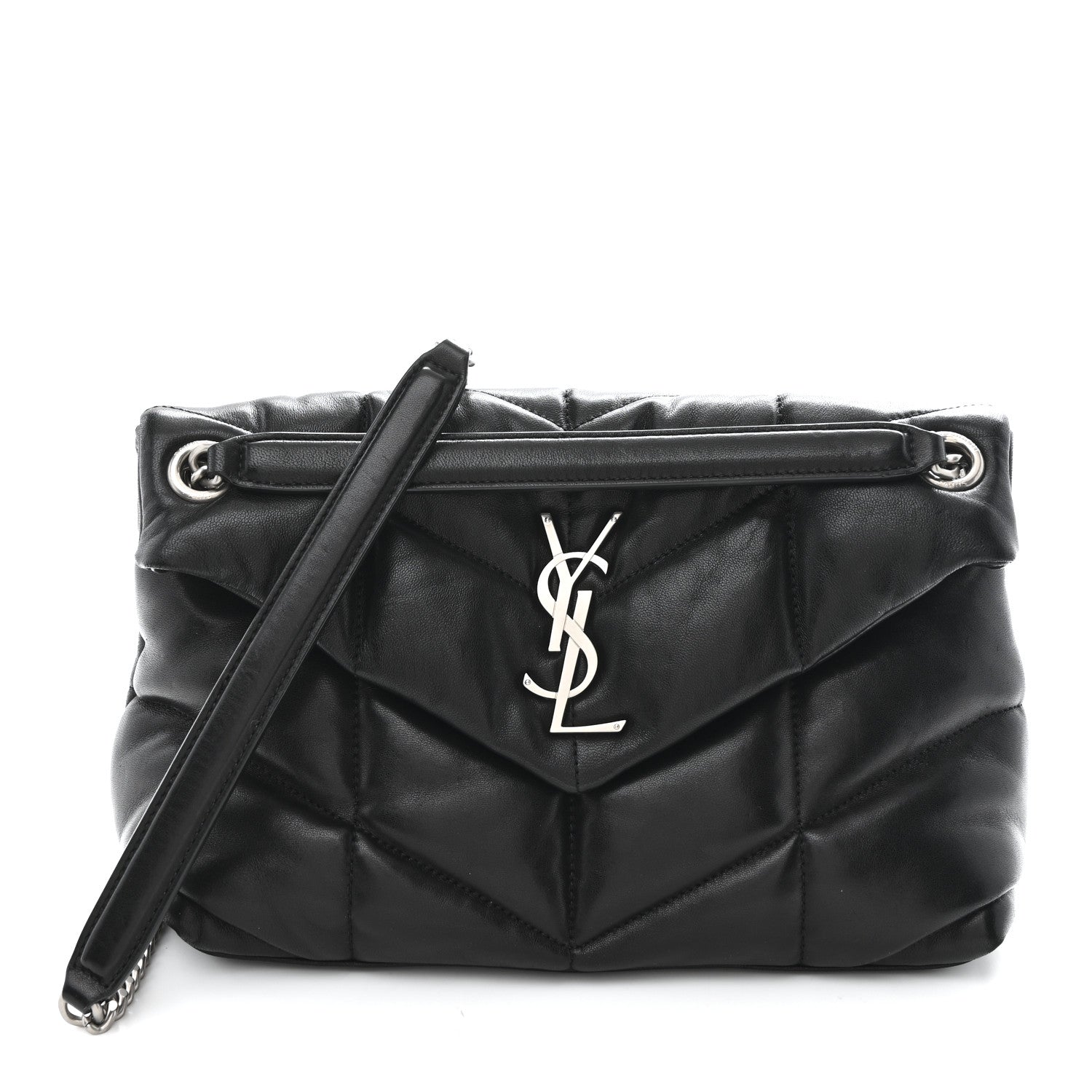 Black quilted lambskin small satchel with front YSL logo, top flap and chain strap.