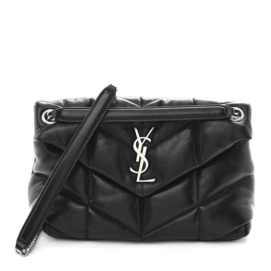 Black quilted lambskin small satchel with front YSL logo, top flap and chain strap.