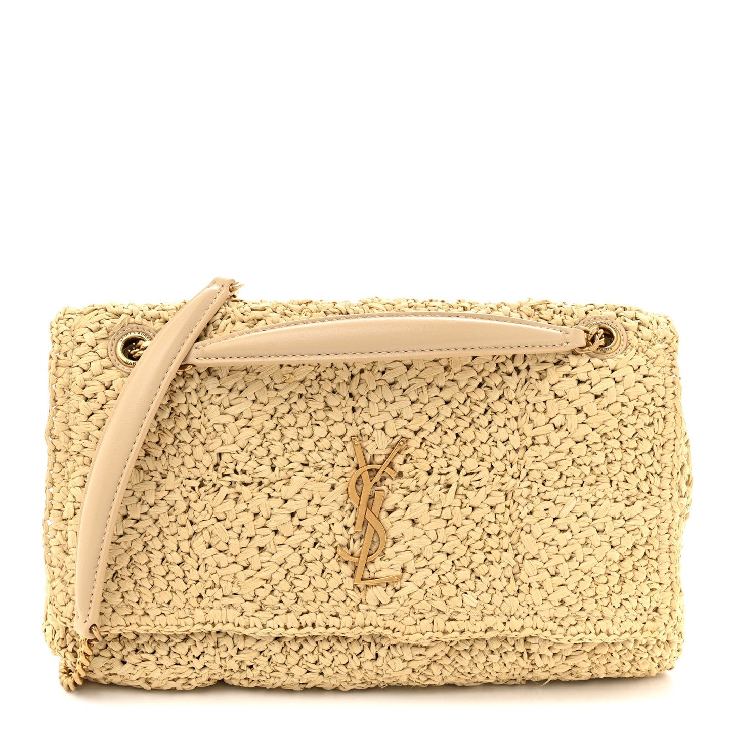 Natural raffia shoulder bag with Saint Laurent monogram and leather trim, gold chain strap