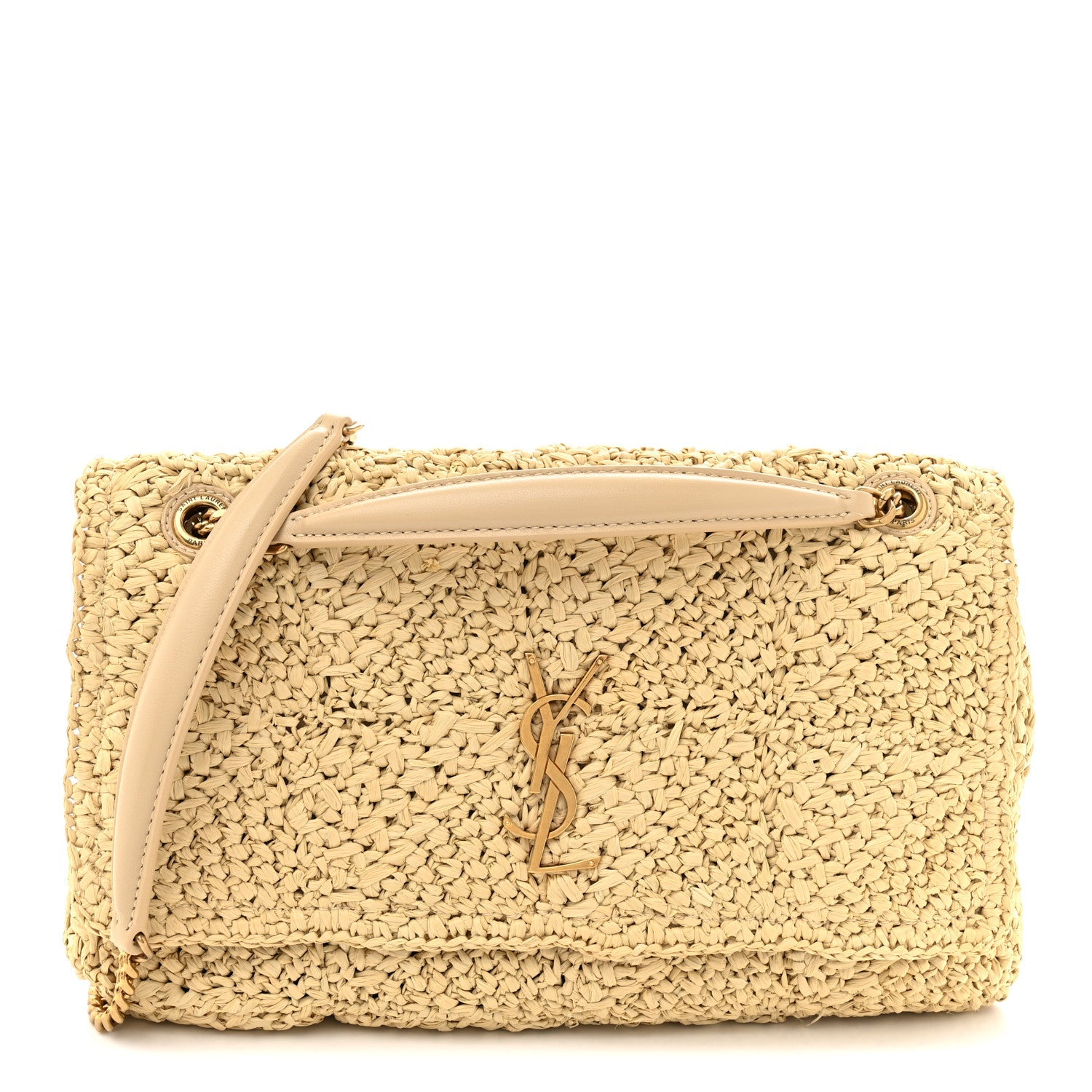 Natural raffia shoulder bag with Saint Laurent monogram and leather trim, gold chain strap