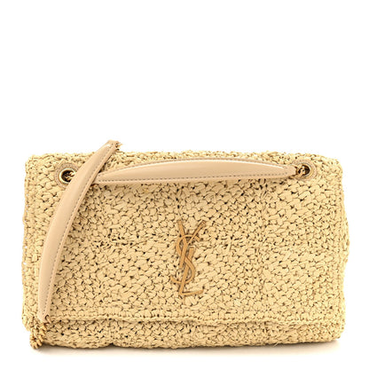 Natural raffia shoulder bag with Saint Laurent monogram and leather trim, gold chain strap