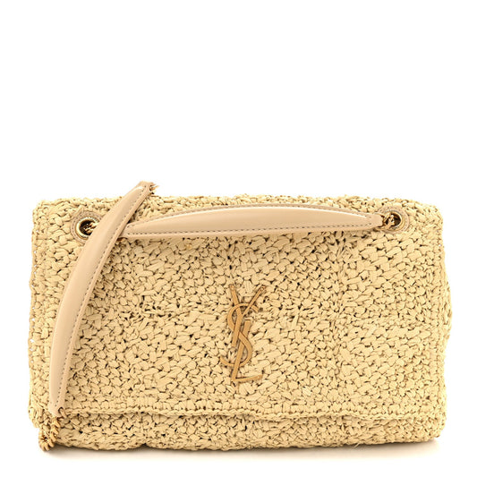 Natural raffia shoulder bag with Saint Laurent monogram and leather trim, gold chain strap